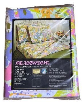 Vtg Meadowsong Perma Floral Sears Full Size Flat Sheet 1970’s New  Percale